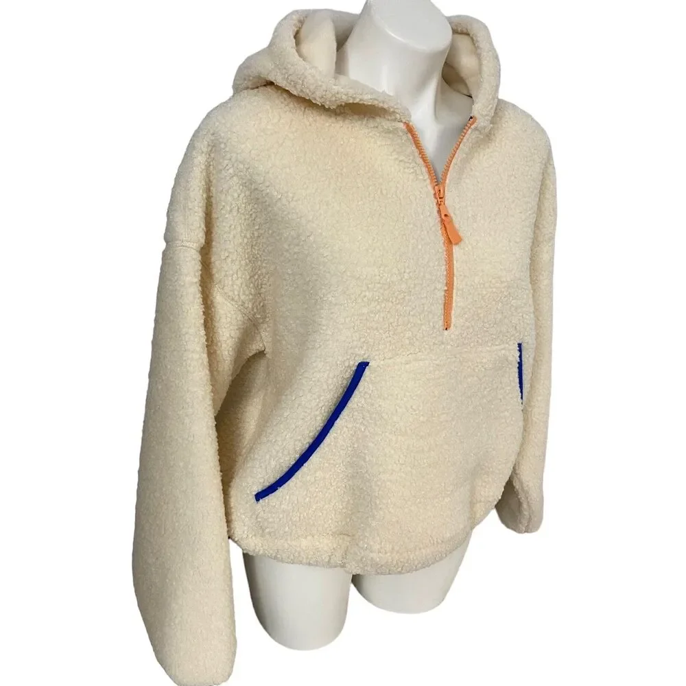 Wild Fable Sherpa Jacket Womens Medium Hooded Cream Pocket Zip Cozy Pullover - Picture 7 of 16